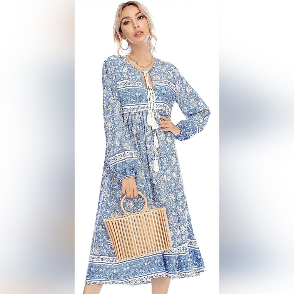 Boho Dress by R Vivimos light blue with small red dots. Dress fits like a small.
